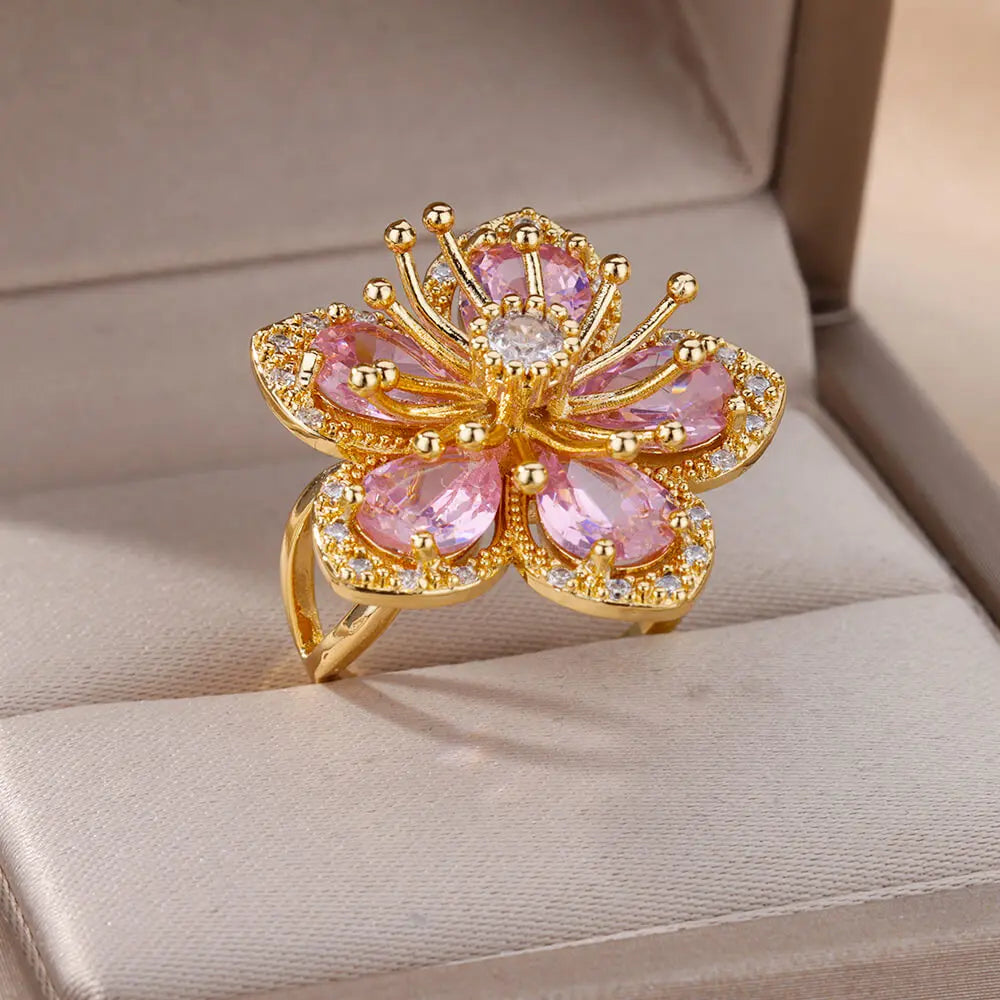 Luxury  Rings Pink Zircon Flower Rings for Women Gold Color Stainless Steel Ring 2024 Trend New in Elegant Luxury Aesthetic Jewelry anillos