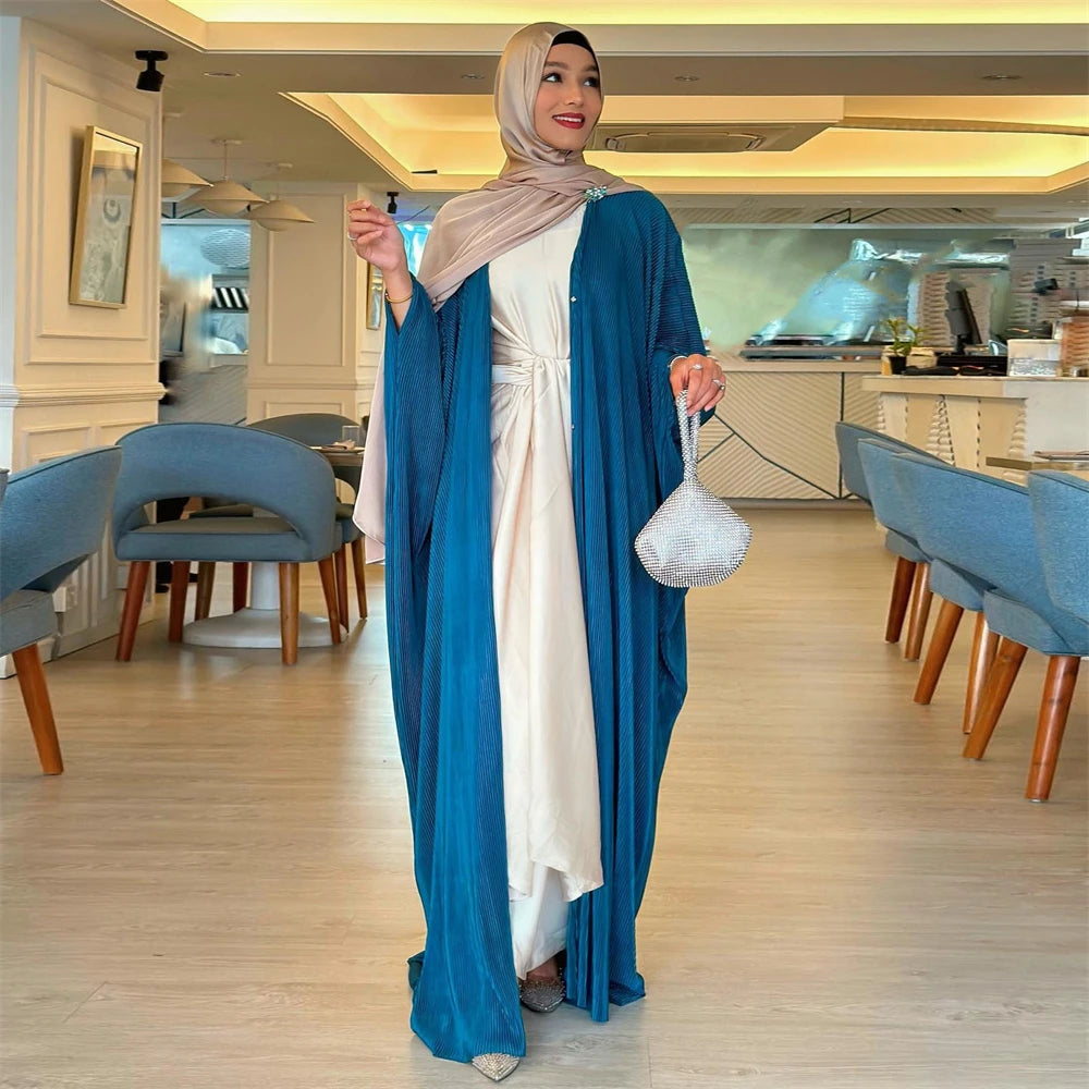 New Pleated Chiffon Abayas for Women Muslim Dress Kimono Open Abaya Robe Dubai Turkey Kaftan Eid Djellaba Islam Kebaya Jalabiya