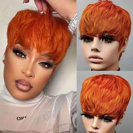 Hair Extensions and Wigs
Ginger Color Short Peruvian Hair Wig with Bangs Orange Color full machine made Wig Short Human Hair  Wigs