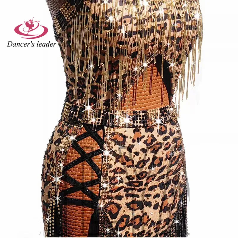 European Clothing
Latin dance Dress High end Customized Leopard Hollow out European and American Style Cha Cha Tango Stage Professional Clothing