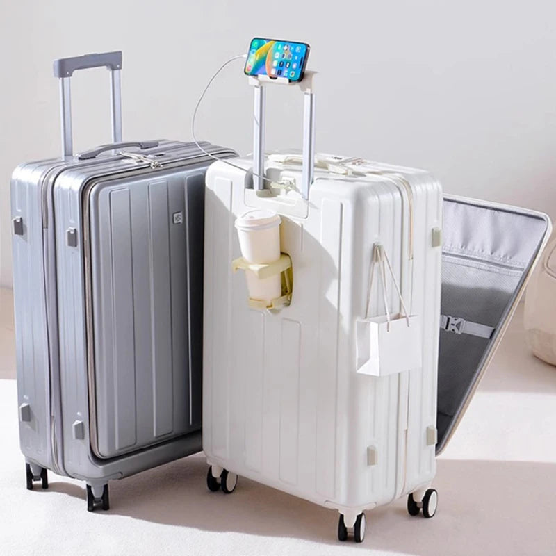 Travel Bag Suitcase Front Opening Carry on Luggage with Laptop Storage Pocket USB Multi Function Travel Suitcase  Middle Size Trolley Case