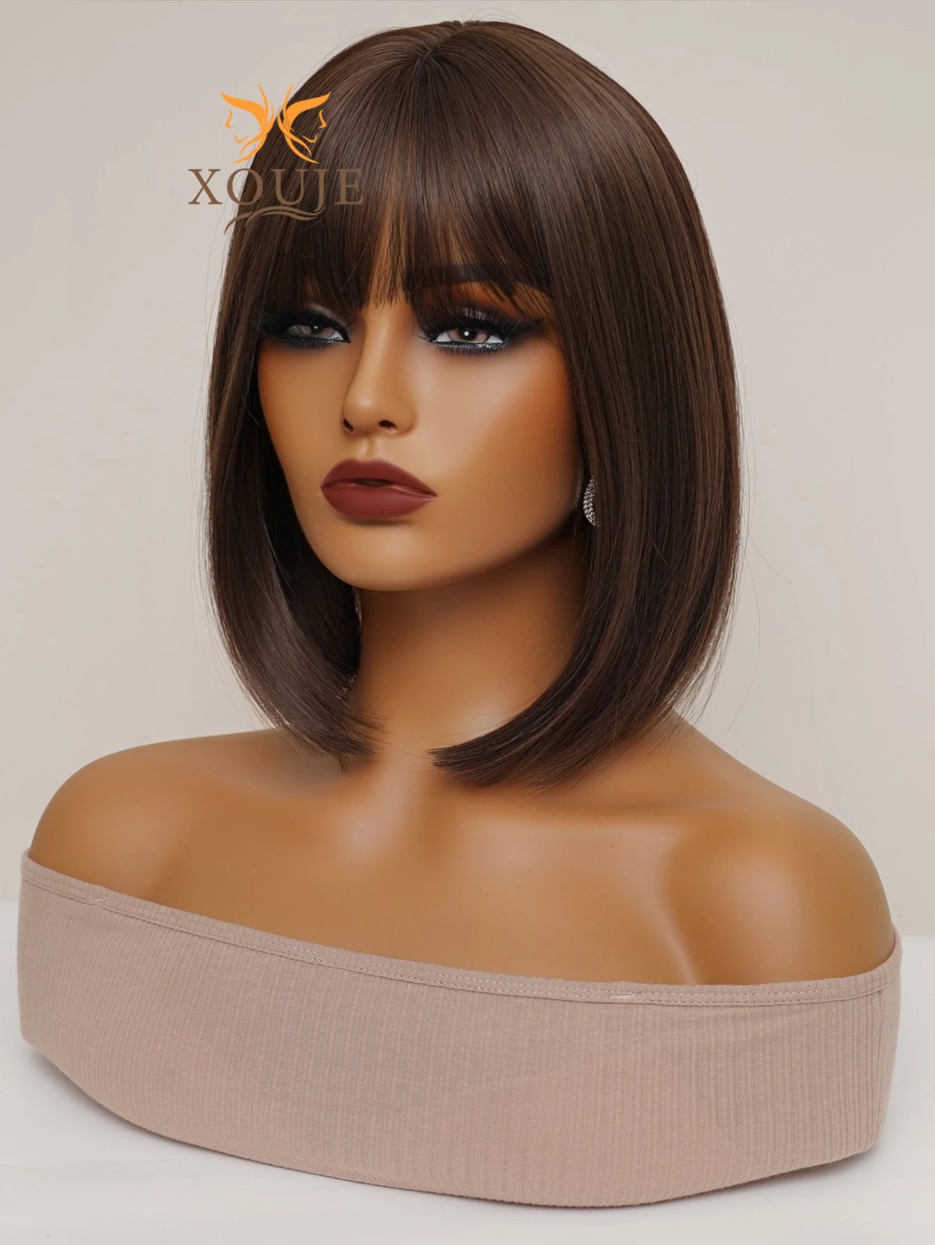 Hair Extensions and Wigs
XOUJE 14 Inch Long Straight Wigs with Bangs Natural Brown Wigs for Daily Wear Comfortable Elegant Synthetic Wigs