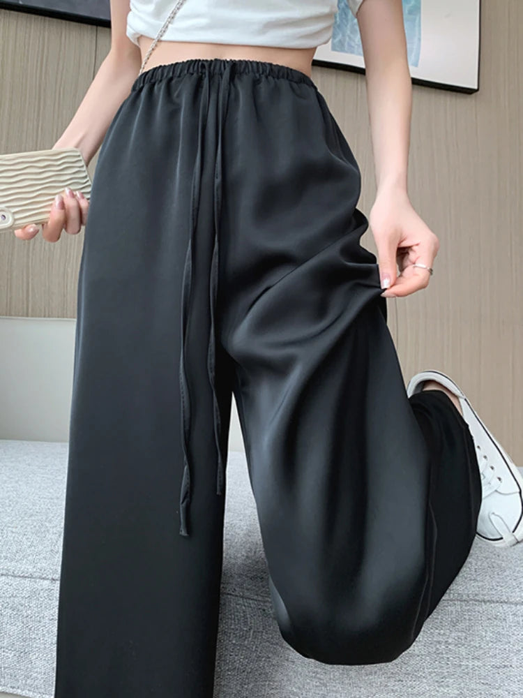 pants Women's Wide Leg Pants Summer Ice Silk Straight Trousers High Waist Ladies Casual Loose Satin Soft Full-length Pants for Women