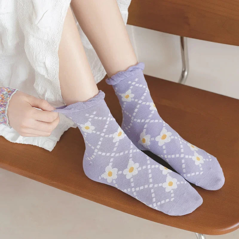 Stockings 
 spring and summer new socks women's purple small floral plaid tube socks card stockings solid color cute student socks