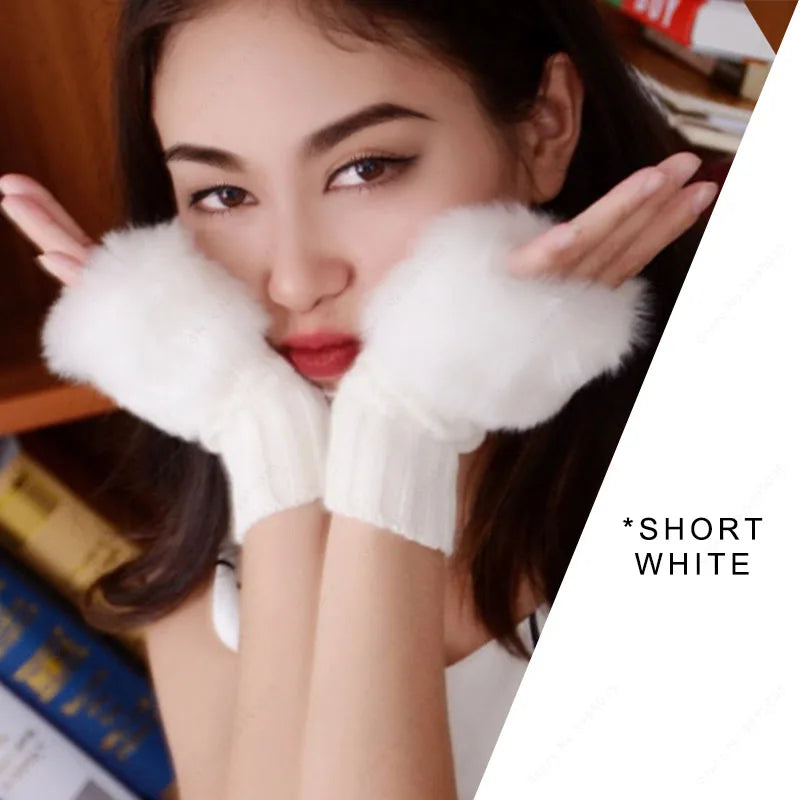 High Quality Autumn Winter Villi Knitted Touchscreen Gloves Women Girls Cute White Arm Warmers Furry Mittens Half Finger Fingerless Gloves