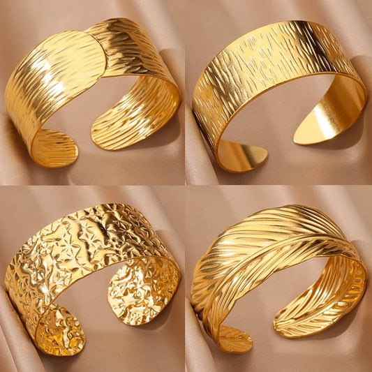 Bracelets Luxury Woman Stainless Steel Wide Bangles for Women Luxury Gold Color Open Chunky Cuff Bangle Bracelet femme Vintage Wedding Jewelry Gift