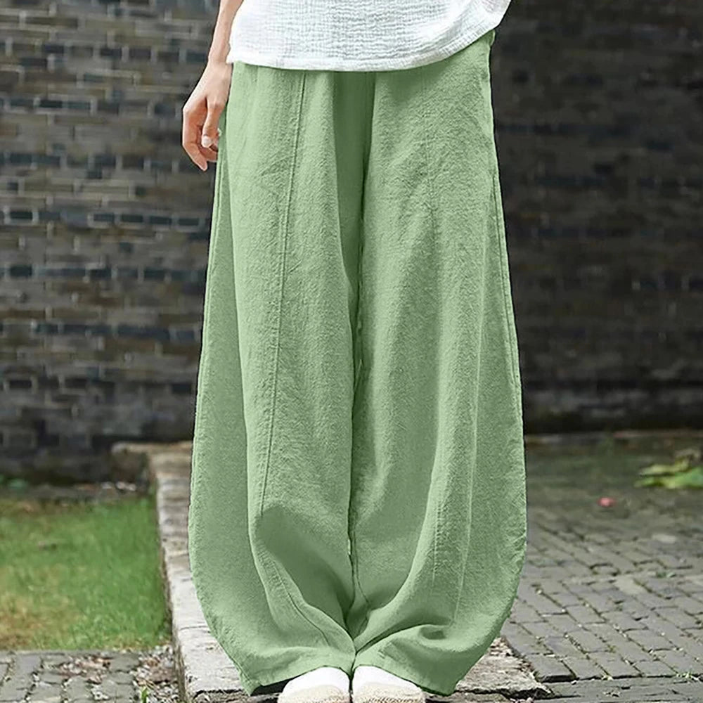 Pants Cotton Linen Style Bloomers Wide Leg Pants Women Vintage Full Length Elegent Pants Solid Elasitic Waist S-5XL