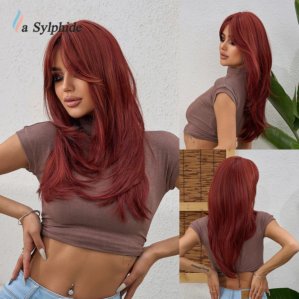 Hair Extensions and Wigs
La Sylphide Red Wig with Bangs Long Straight Good Quality Synthetic Wigs for Women Daily Natural Heat Resistant Hair