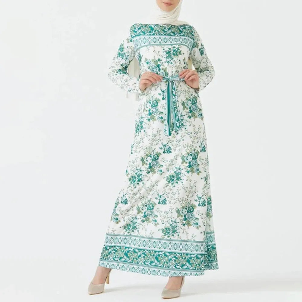 India and Pakistan Clothing 
Muslim Fashion Round Neck Long Sleeve Maxi Dresses With Sashes Elegant Fresh Green Printed Abaya Dubai Pakistan Clothing Women