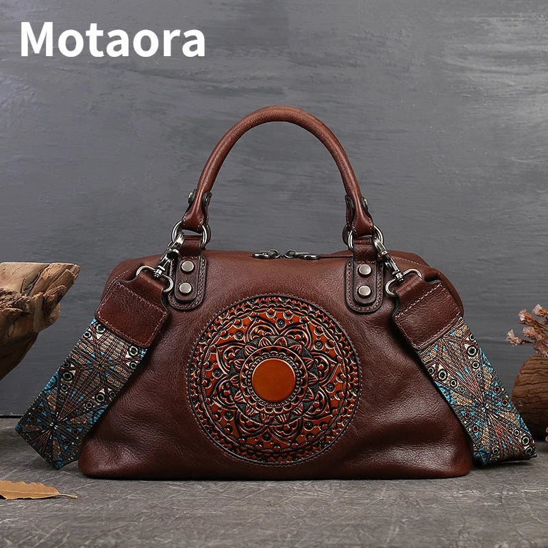 Handbags MOTAORA Retro Handmade Women Handbag For Ladies Genuine Leather Should Bags Bohemian Style Soft Cow Boston 2024 Luxury Handbags