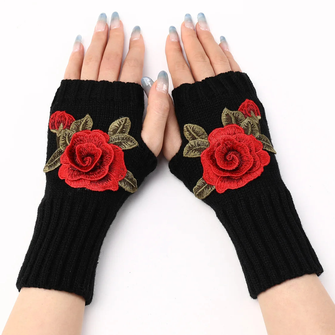 High Quality New Autumn Winter Women's Short Fashion Embroidered Flower Gloves Knitted Wool Sleeves Warm Mittens Fingerless Gloves Women