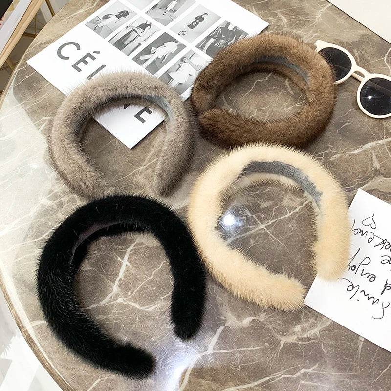 Elegant Look Hot Sale Women Luxury winter 100% Real Mink Fur Headbands High Quality Real Fur Hair Band Lady Fashion Hair Hoop Furry Gift