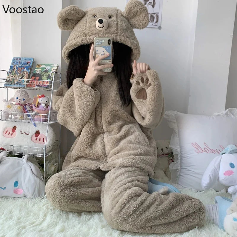 Winter Warm Sleepwear 
Autumn Winter Sweet Lolita Style Pajama Sets Women Kawaii Bear Ear Hooded Coral Fleece Warm Sleepwear Girls Cute Home Nightwear