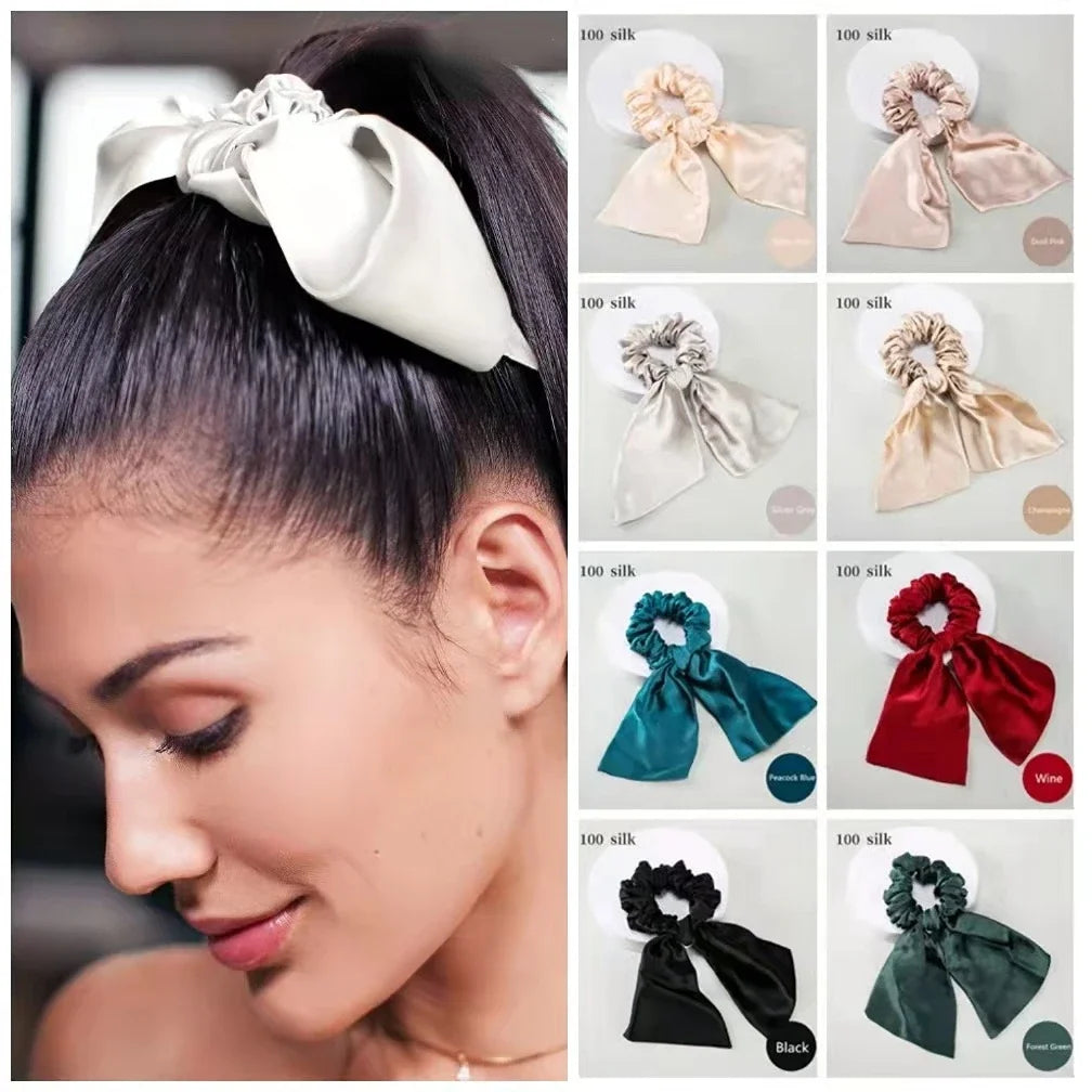 Elegant Look 100% Pure Mulberry Silk Hair Bows Scrunchies Silk Bowknot Elastic Hair Bands Ties Headwear For Women's Luxury Hair Accessories