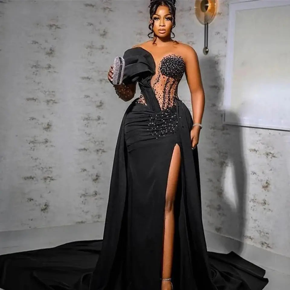 Sexy Black Luxury Evening Dresses 2024 Mermaid Satin Robes De Soirée One Shoulder Slit Prom Party Gowns Beaded Vestido Noche