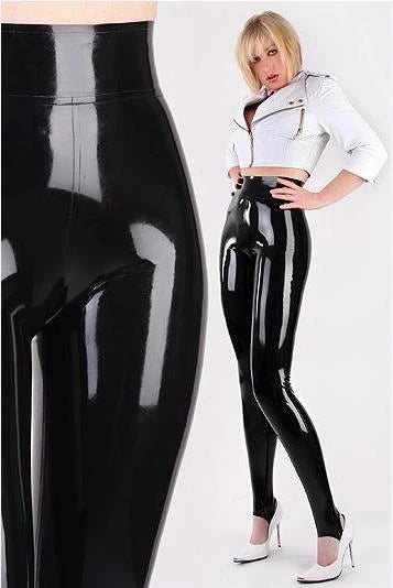 Exotic 
Sexy Women's Black High Waist Latex Exotic Pants Foot Steps Leggings Skinny Rubber Trousers