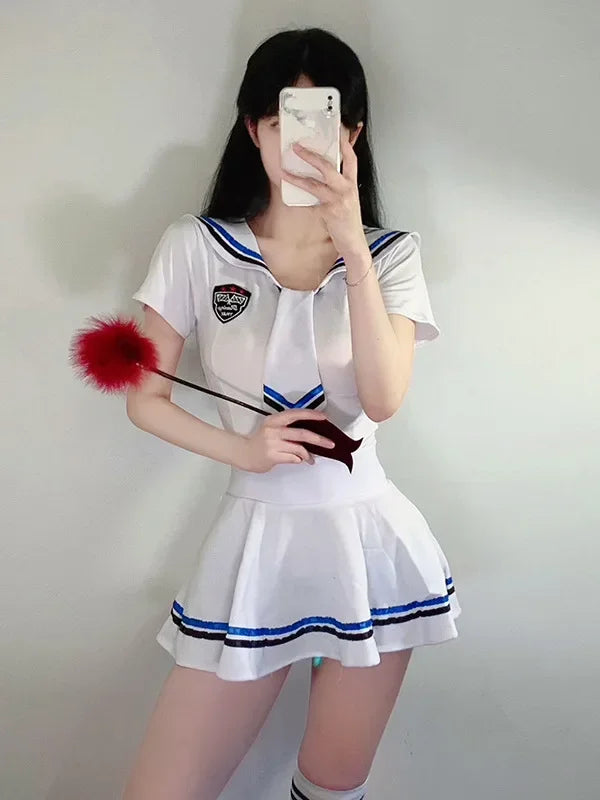 Exotic 
New Style Summer Fun Sailor Sexy Hot Uniform Pleated Thin Skirt Set Sheer JK Style Elastic Waist Tie Sweet Cute Slim Soft HA1F