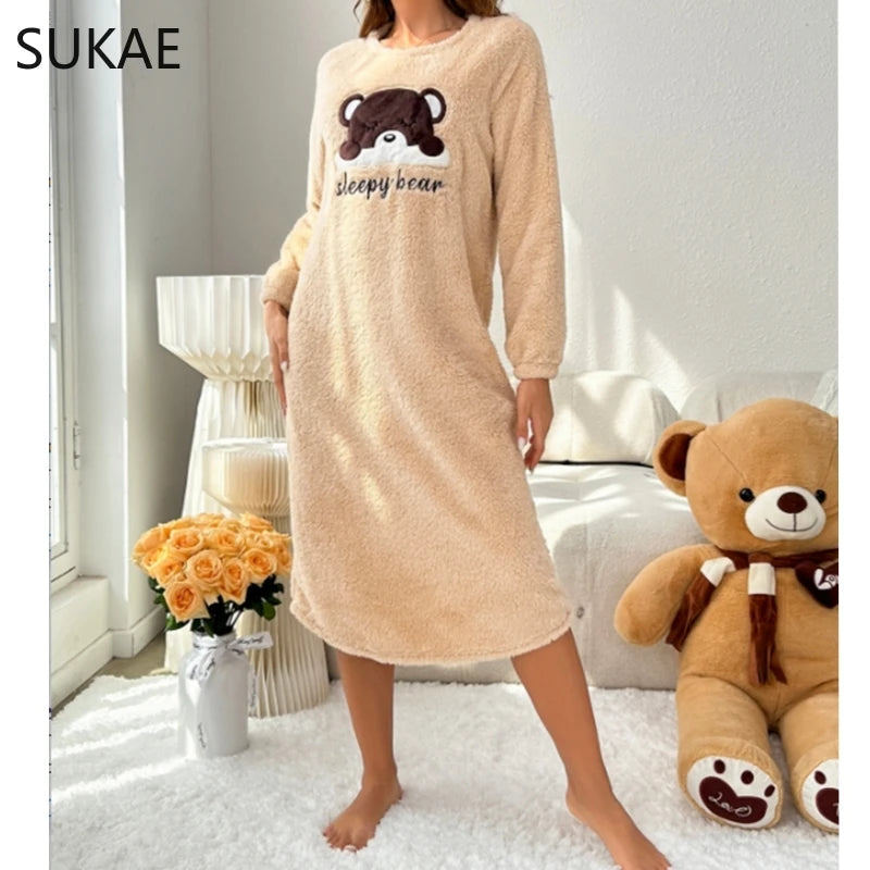 Winter Warm Sleepwear 
SUKAE Cute Bear Winter Women Long Sleeves Thermal Nightgowns Flannel Long Sleepshirt Pullover Fluffy Nightwear Woman Homewear