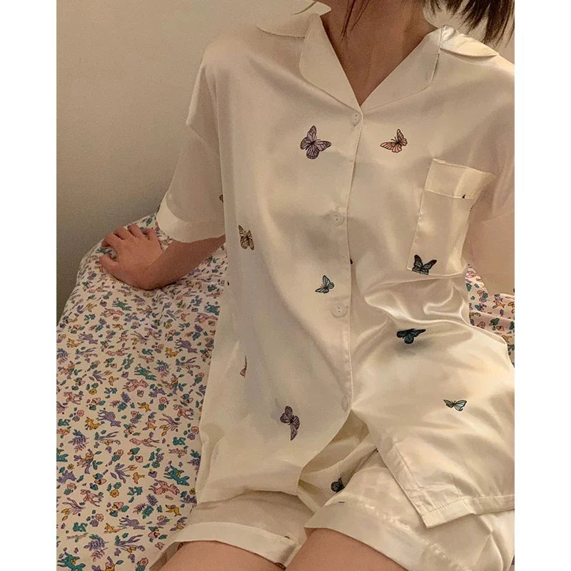 Pajama Sets 
Ins Style Elegant Colorful Butterflies Women's Pajamas Trendy Fashion Design Summer Short Housewear 2024 New Y2k Ladies Homewear