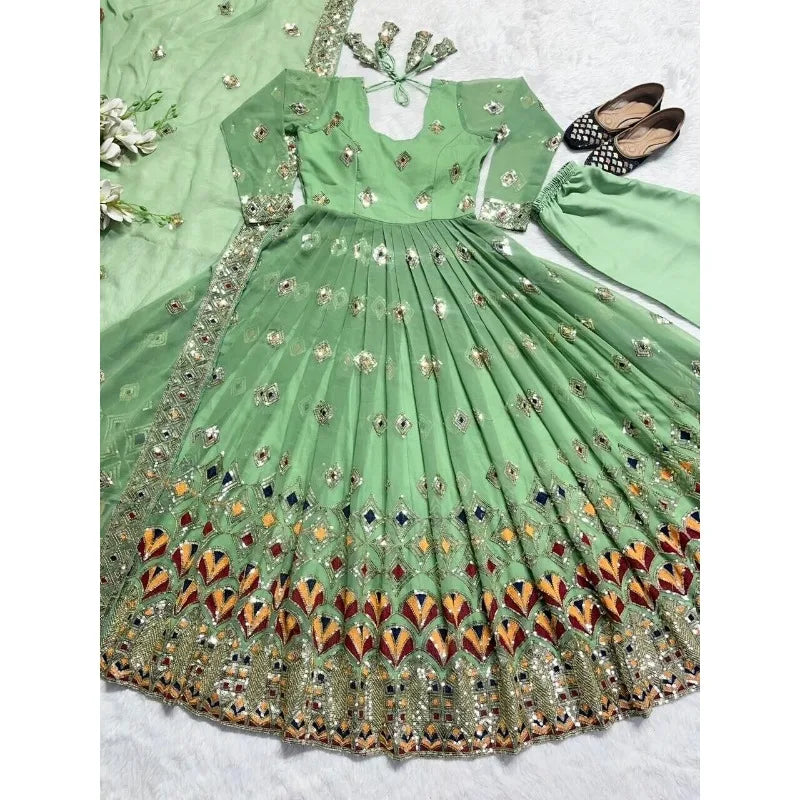 India and Pakistan Clothing 
Green Salwar Kameez Pakistani Long Sleeved Round Neck Suit Wear Dress for Women Wedding