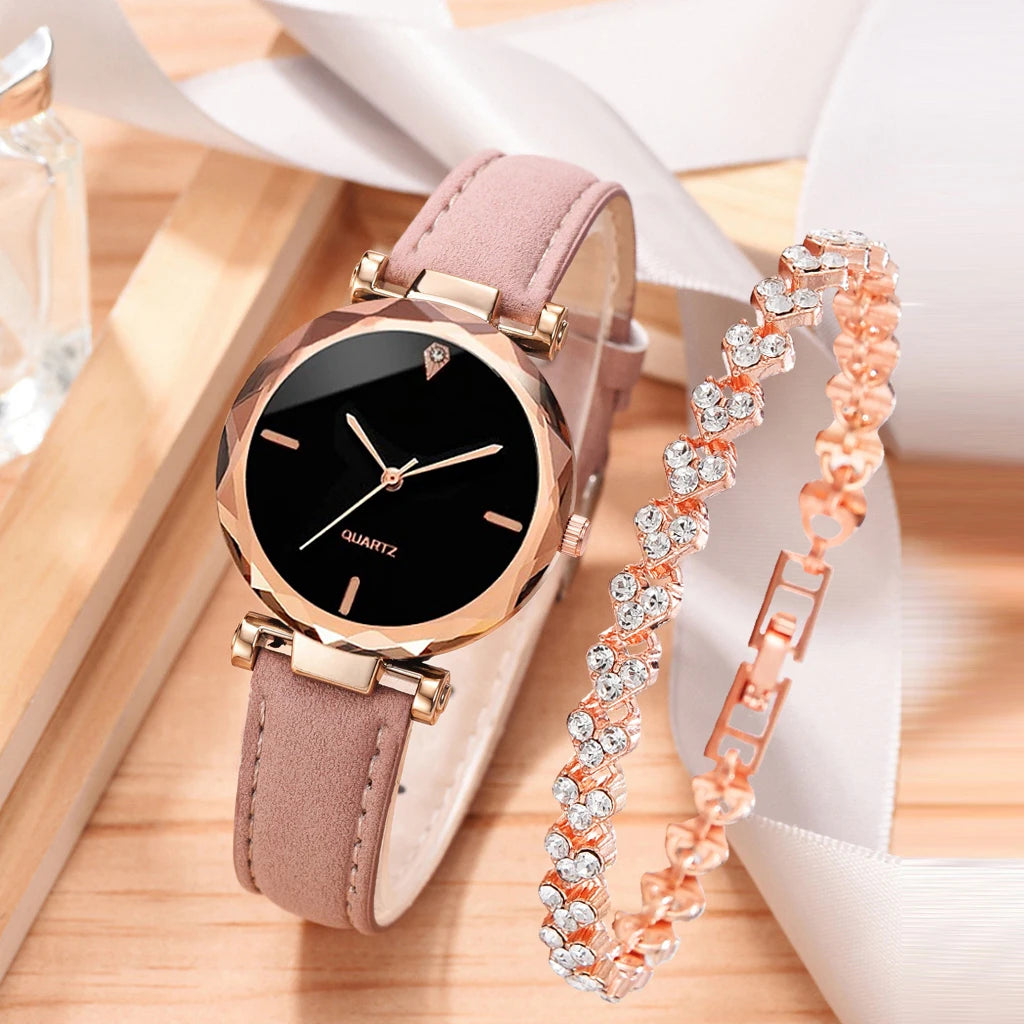 Women Watch 2pcs Luxury Fashion Women Watch Set PU Leather Strap Ladies Quartz Wristwatch Rhinestone RoseGold Alloy Bracelet for Ladies Gift