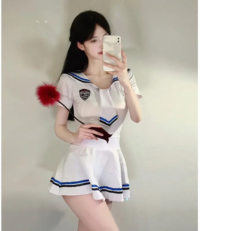 Exotic 
New Style Summer Fun Sailor Sexy Hot Uniform Pleated Thin Skirt Set Sheer JK Style Elastic Waist Tie Sweet Cute Slim Soft HA1F