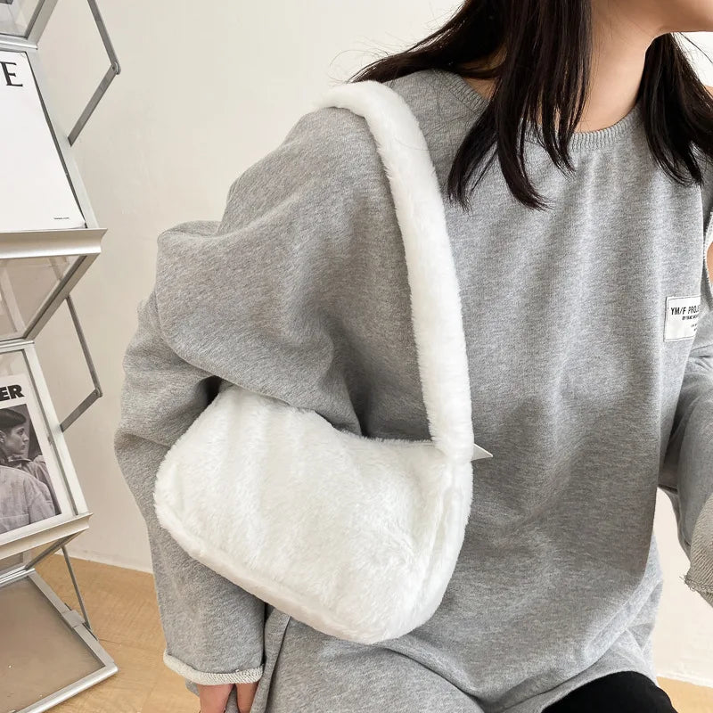 Handbags Simple Design Women Soft Plush Hobos Shoulder Bags Winter Furry Ladies Clutch Purse Handbag Fashion Female Underarm Bag