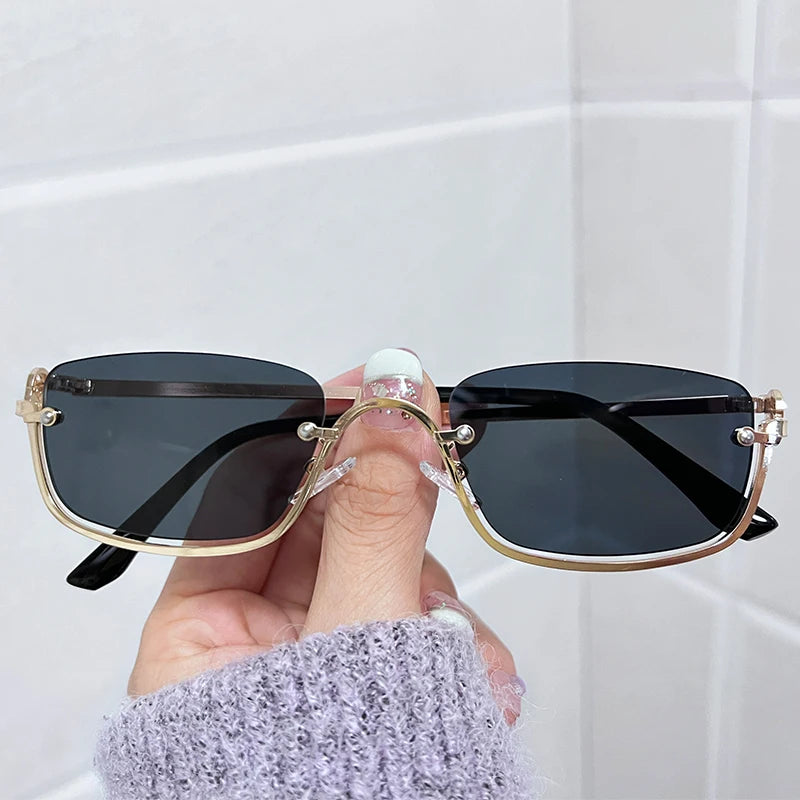 Women's Sunglasses Half Frame Square Sunglasses for women Luxury Brand Small Metal Retro Rectangle Black Sun Glasses Woman Fashion Eyewear