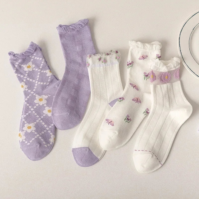 Stockings 
 spring and summer new socks women's purple small floral plaid tube socks card stockings solid color cute student socks