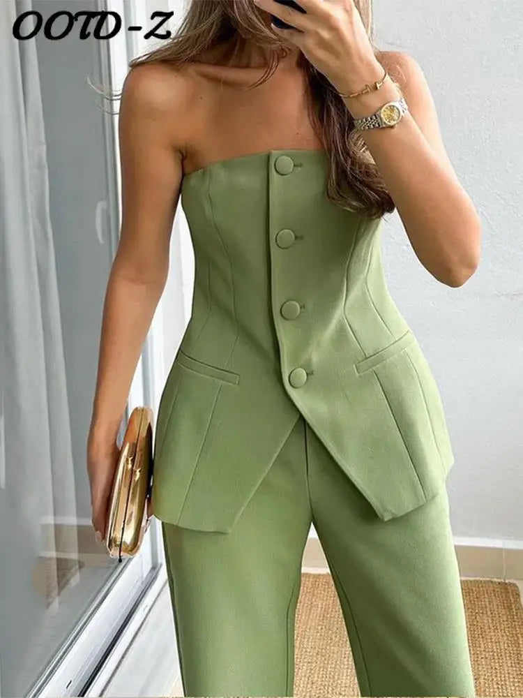 Pant-Sets Elegant Sleeveless Top Pants Sets Women Green Single Breasted Tops High Waist Wide Leg Pant Lady Suit 2024 Spring Two Piece Set