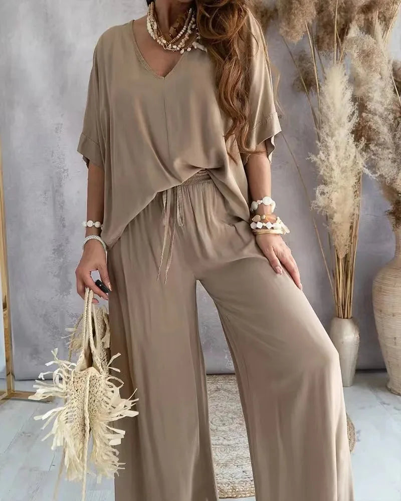 Pant-Sets Long Pant Sets Summer two piece set For Women V neck Bat Sleeve Casual Loose Wide-leg Pants 2 piece set solid color Outfits