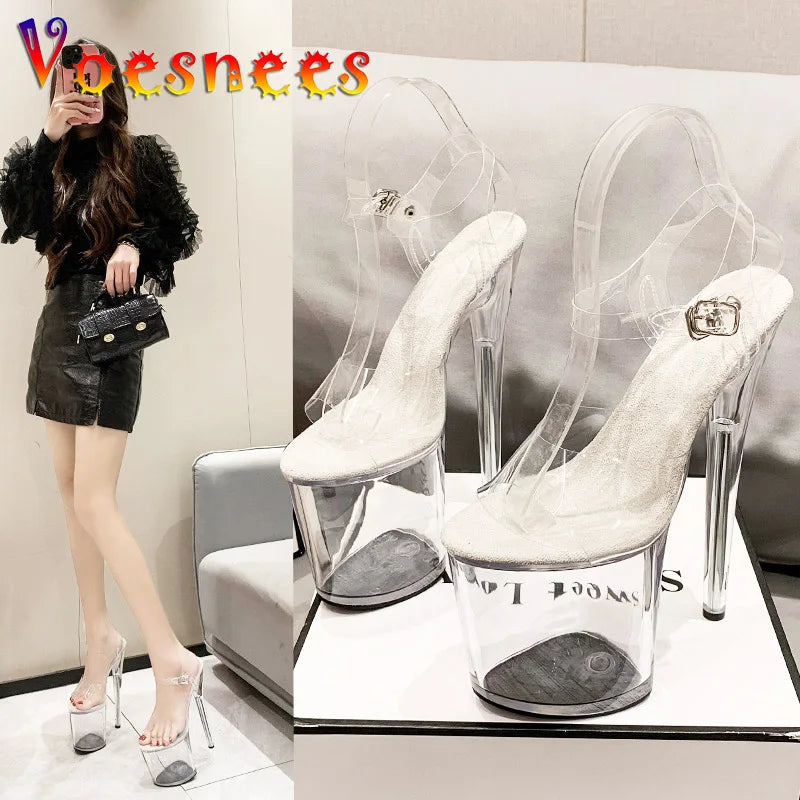 WOMEN SANDALS 20CM PVC Anti-skid Pole Dance Pumps Women's Thin Heel Sexy Transparent Crystal Shoes Waterproof Platform 17CM High Heels Sandals