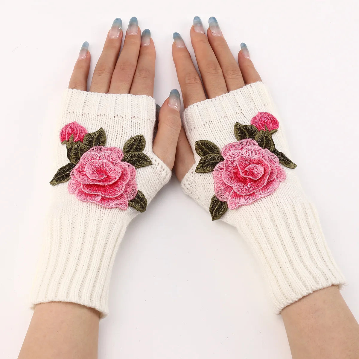 High Quality New Autumn Winter Women's Short Fashion Embroidered Flower Gloves Knitted Wool Sleeves Warm Mittens Fingerless Gloves Women