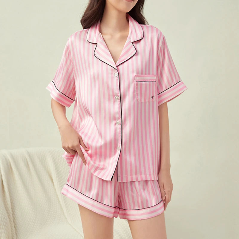 Pajama Sets 
Same Style As Star Loungewear Women Pink Stripe Short Sleeved Pajamas Thin Flip Collar Outerwear Classic Sleepwear Leisure Set