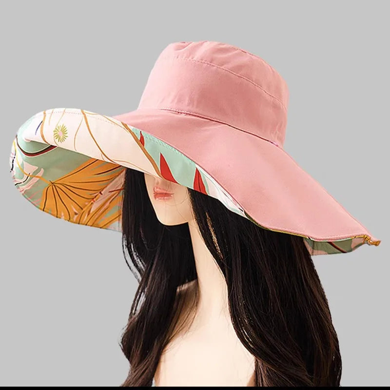 Hat 18cm Large Brim Women Sun Hat Luxury Double Sided Wearable Plant Printing Cotton Bucket Cap Light Breathable Summer Top Hat