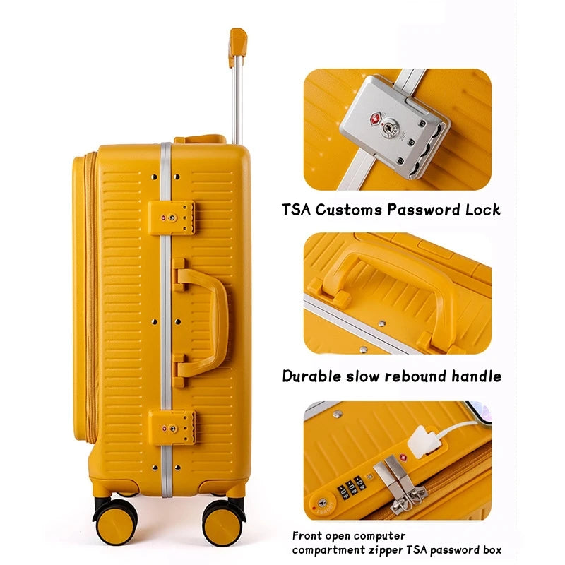 Travel Bag 20/24 inch Travel suitcase on wheels TSA Aluminum frame Front opening rolling luggage case USB middle size luggage with Wheels