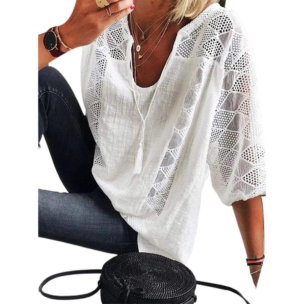 Plus Size Womens 3/4 Sleeve Solid Cotton Lined Tops Ladies Casual Loose Autumn Tunic T Shirt High Quality Clothing  L-5XL 2023