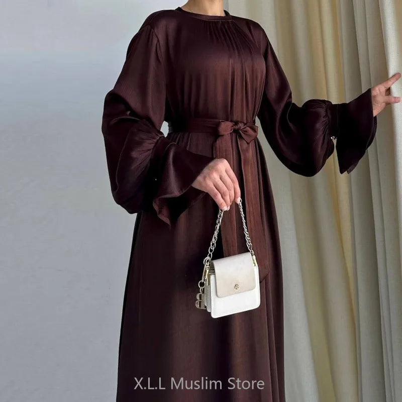 Elegant Satin Muslim Maxi Dress For Women With Belt Eid Ramadan Partywear Evening Ladies Long Dresses 2024 Dubai Kebaya Robe