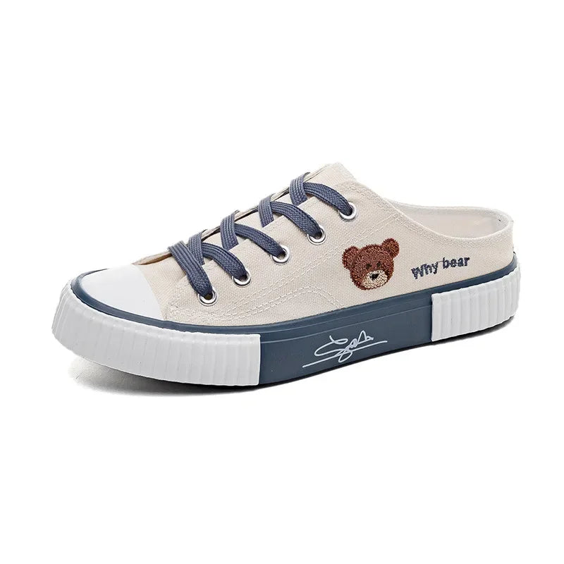 canvas shoes Women Cute Bear Canvas Shoes New Flat Casual All-match Half Slippers Korean Version Trend Lace Up Ladies Vulcanized Shoes 2024