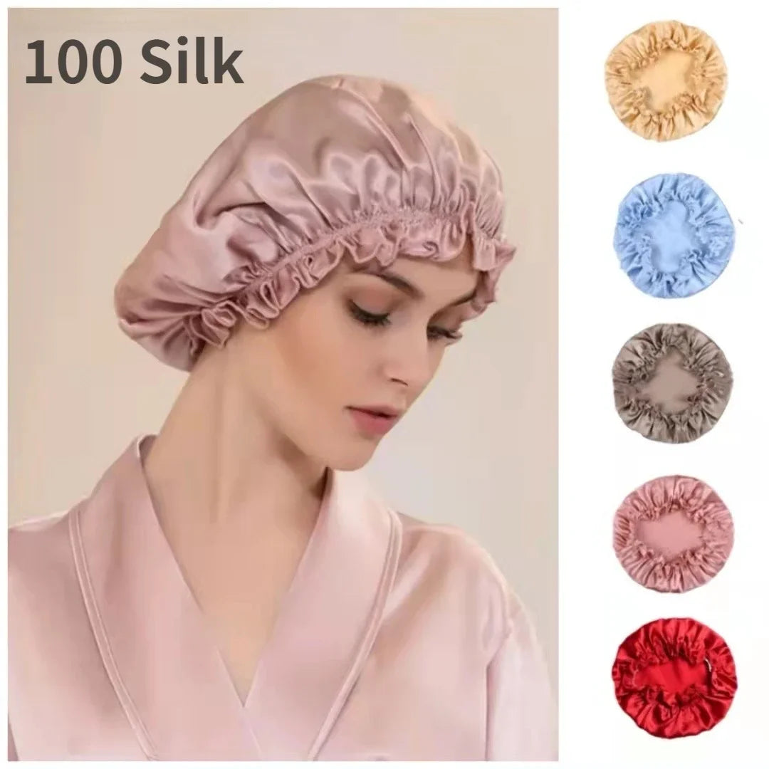 Elegant Look Large 100 Silk Sleeping Cap For Women Hair Bonnets Head Cover Hair Loss Hats Luxury Silk Bonnets Night Hair Wrap Mulberry Silk