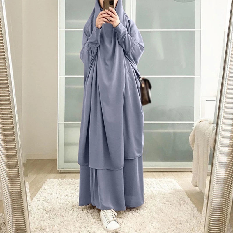 India and Pakistan Clothing 
Muslim Sets One Pieces Prayer Clothing Long Hooded Smocking Sleeve Shirts Hijab Loose Maxi Skirts Elastic Waist Women Abaya Sets