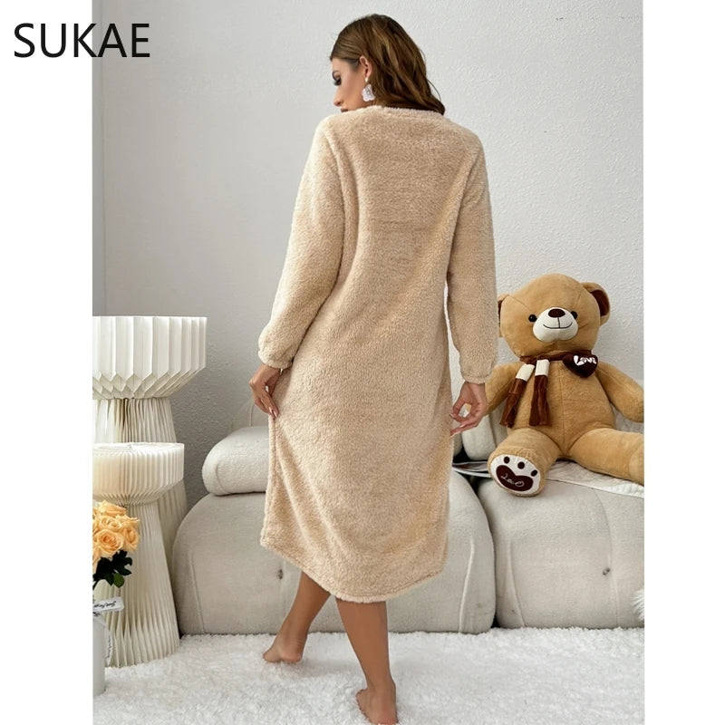 Winter Warm Sleepwear 
SUKAE Cute Bear Winter Women Long Sleeves Thermal Nightgowns Flannel Long Sleepshirt Pullover Fluffy Nightwear Woman Homewear