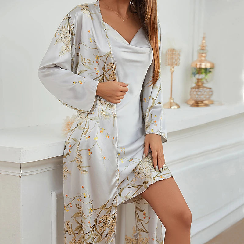 Winter Warm Sleepwear 
Simple Women's Four Seasons Home Clothing Sexy Imitation Silk Printing Pajamas Female Thin Nightgown Night-Robe 2PCS Suit