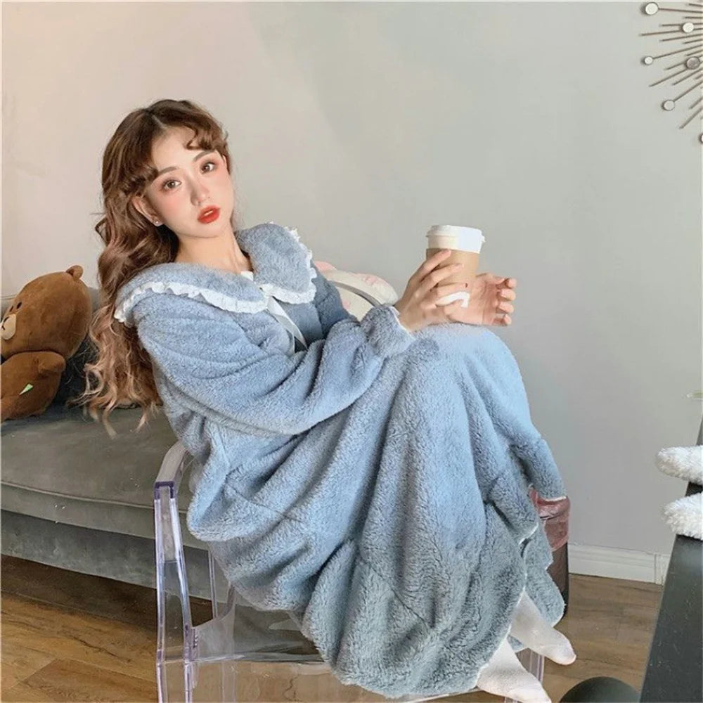 Winter Warm Sleepwear 
Korean Fashion Coral Fleece Nightgowns Women Sweet Hooded Homewear Thick Warm Winter New Bow Lace Lovely Midi Solid Soft Female