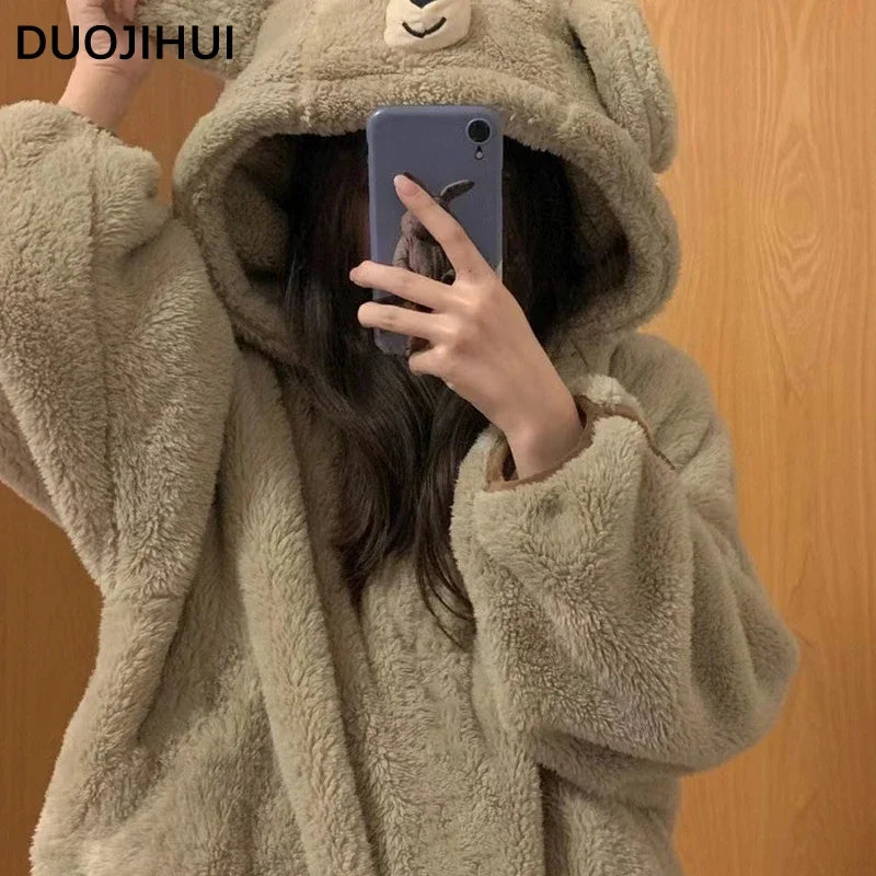 Winter Warm Sleepwear 
DUOJIHUI Hooded Winter Flannel Lovely Loose Female Pajamas Set New Simple Casual Fashion Print Thick Warm Soft Pajamas for Women