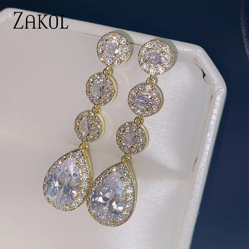 Earring  ZAKOL Band Round Wedding Jewelry Luxury White Water Drop Cubic Zircon Long Dangle Earrings for Women Engagement FSEP624