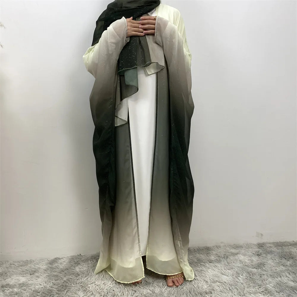 Dubai Luxury Shiny Gradient Color Abaya Open Kimono Muslim Dresses with Scarf Chiffon Modest Robe Khimar Islamic Kebaya Caftan