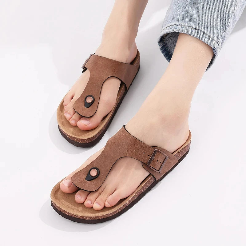 Flat Shoes Women  Cork Flat Sandals Summer Open Toe Slides Beach