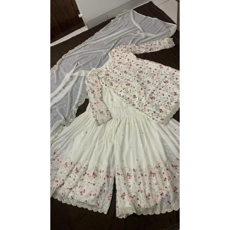 India and Pakistan Clothing 
Indian Clothing Salwar Kameez White Printed Three Piece Set Georgette Dupatta with Sequence Work