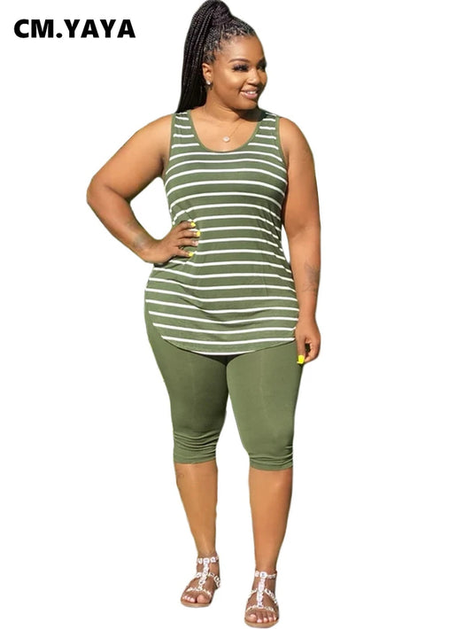 Plus Size XL-5XL Sport two piece set Tracksuit Striped Tank Tops Knee Length jogger Suit Sweatpants Matching Set